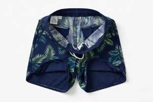 Short de bain décontracté pour homme en toile de polyester respirante, imprimé feuilles de palmier bleu marine, taille mi-haute avec cordon de serrage - Product Image 5