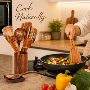 Juego de Utensilios de Cocina de Madera Hechos a Mano de Primera Calidad |   Cuchara de Cocina, Espátula, Cucharón, Utensilios para Servir con Soporte, Madera de Acacia Natural para Exportación - Product Image 3
