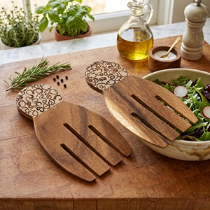 Utensilios para Servir Ensaladas de Madera Suar de Grado Alimenticio, Forma de Mano con Incrustaciones de Canela Blanca, Color Marrón Claro, Hermosos Utensilios de Cocina, Vajilla - Product Image 2