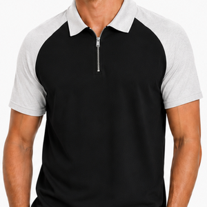 Pull classique pour homme à col zippé, tricoté, respirant, blanc cendré et noir, avec blocs de couleur contrastés, manches raglan, logo personnalisé - Product Image 2