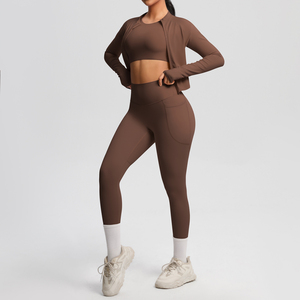 High Quality Three-Piece Fitness Yoga Set Long Sleeve <b>Zip</b>-<b>Up</b> <b>Jacket</b> Solid Pattern Inner Top Breathable Pocketed Yoga Pants - Product Image 2