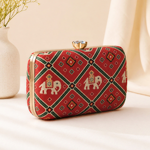 <b>Red</b> Elephant Print <b>Clutch</b> Bag Designer Ethnic Handbag for Women Wedding and Festive Wear - Product Image 2