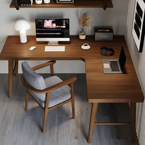 ชุดโต๊ะคอมพิวเตอร์รูปตัวแอลไม้สไตล์มินิมอลทันสมัย พร้อมพื้นที่ทำงานขนาดใหญ่และเก้าอี้ผ้าสีเทาสุดเก๋ - Product Image 1