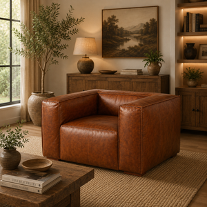 Modern Brown Genuine Leather Lounge Chair with Solid Wood Frame Durable Single <b>Sofa</b> Armchair for Apartment Living Room Furniture - Product Image 1