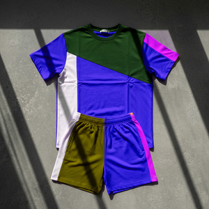 Ensemble d'été 2 pièces pour homme grande taille en coton respirant à manches courtes et short, avec contraste de couleurs et deux empiècements, style urbain - Product Image 1