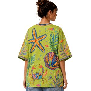 T-shirt graphique oversize vert lime pour femme, imprimé océan coloré, décontracté, en coton, streetwear, coupe ample, été, personnalisable, OEM, vente en gros - Product Image 2