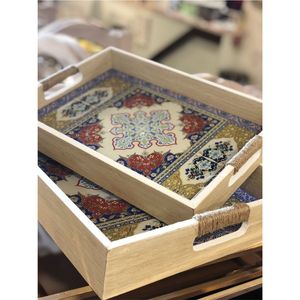 <b>Rustic</b> Natural <b>Wood</b> Serving Tray with Enamel Inlay Pattern Decorative Rectangular Platter for <b>Dining</b> Room <b>Table</b> & Party Decor - Product Image 2