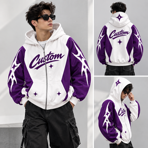 Veste à capuche zippée avec motif graphique blanc et violet, manches contrastées, style streetwear, pour homme et femme. - Product Image 6