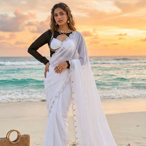 Bordure de sari moderne en faux georgette avec broderie artisanale pour fêtes, mariages, Diwali et bals de promo - Product Image 1