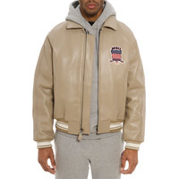 Blouson Bomber Homme Avirex Hiver en Cuir Rouge Uni Imperméable avec Patch Brodé Col Montant Fermeture Éclair Style High Street
