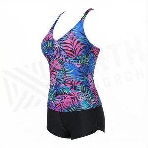 Ensemble tankini 2 pièces pour femmes, imprimé feuilles tropicales, haut croisé à bretelles avec détail froncé et short, maillot de bain à séchage rapide - Product Image 3