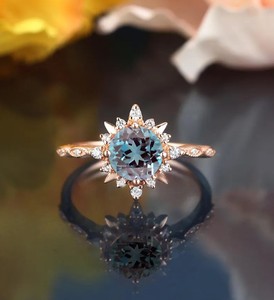 Round Cut Alexandrite <b>Ring</b> In <b>Silver</b> Vintage Engagement <b>Ring</b> Unique Bridal Promise <b>Ring</b> Handmade Jewelry Gift For Her - Product Image 1