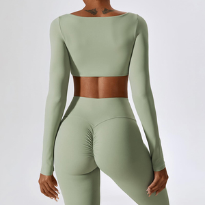 Women's Solid Green Yoga Set V-neck Half Sleeve <b>Crop</b> Top Mid Waist Flared <b>Leggings</b> Spandex/Nylon Eco-Friendly 1 Piece Activewear - Product Image 4
