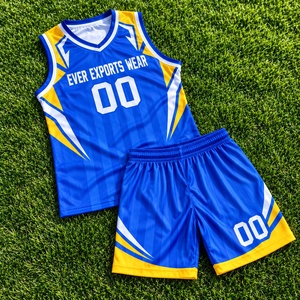 Custom Sublimated Blue <b>Yellow</b> <b>Men</b> Basketball Uniform Set Sleeveless V Neck Jersey <b>Shorts</b> Team Number Sportswear - Product Image 1