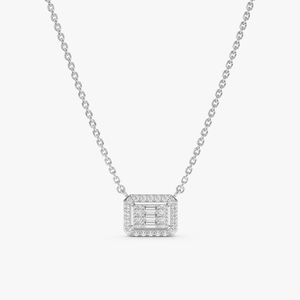 Collier classique en or 14K/18K avec diamants de laboratoire, géométrique, baguette et halo de diamants ronds, pendentif rectangulaire, chaîne pour femme - Product Image 1