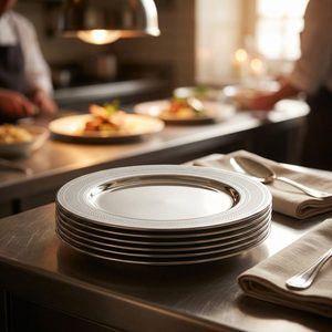 Plato de Cena con Borde Grabado Nakshi Hecho a Mano en Acero Inoxidable SS304 de 27 cm con Acabado Espejo en Material PC para Decoración del Hogar, Hoteles y Bodas - Product Image 2