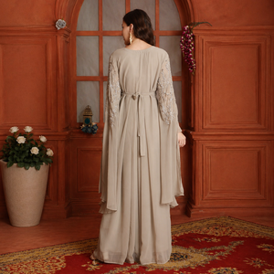 Elegant Beige Modern Embroidered Appliques Cape Sleeve Gown for Women <b>Chiffon</b> Straight <b>Maxi</b> <b>Dress</b> Flowing Cape Sleeves Modest - Product Image 5