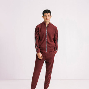 Men's Maroon Solid Color Tracksuit <b>Set</b> <b>Knitted</b> Full Sleeve Casual Autumn Wear Stand Collar 100% Polyester - Product Image 1