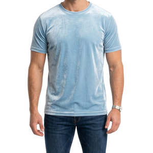 Camiseta de Terciopelo Transpirable Azul Claro para Hombre, Cuello Redondo, Manga Corta, Informal, Estilo Minimalista, Suave y Afelpada - Product Image 1