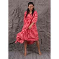 Robe décontractée pour femme en coton 100% - Rayures roses - Coupe midi - Col en V - Manches bouffantes - Tissu écologique - Lavable