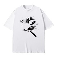 T-shirt Homme Oversize en Coton à Manches Courtes avec Motif Chat Fumeur, Col Rond Décontracté, Impression sur le Devant
