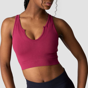 Top corto de tirantes para mujer, con cuello en V profundo, de material acanalado, ajuste ceñido al cuerpo, estilo jersey, para gimnasio, fitness y deportes, liso y personalizable. - Product Image 1