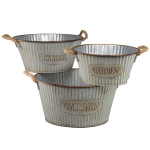 Rustic Galvanized Metal <b>Planter</b> Set, Ribbed Industrial Flower Pot for Indoor Outdoor Garden Home Decor Wholesale <b>Planter</b> Pot - Product Image 2