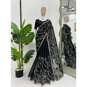 Diseñador Tabby Silk Coding Sequence Work Saree con blusa sin costuras Vestidos de carrera negros - Product Image 1