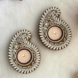 White Brown <b>Wooden</b> Floral Printing <b>Block</b> Decorative Tea Light Candle Holders, Diya Stands | Tea Light Holders | Christmas Diwali - Product Image 3
