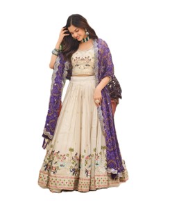 Hermoso Lehenga Choli Tradicional de Seda Crema Bordado con Dupatta Morado para Mujer, para Bodas en India y Pakistán, Largo hasta el Suelo - Product Image 1