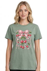 Camiseta informal de cuello redondo para mujer, estampado de cerezas y lazos rosas, manga corta, poliéster/algodón, top de verano - Product Image 2