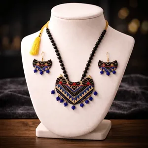 Handmade Traditional Gamusa <b>Blue</b> Black Muga Silk <b>Necklace</b> Set Fine Jewelry with Tribal Design - Product Image 5