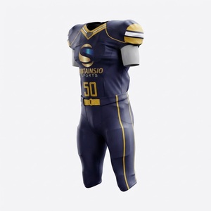 Ensemble Maillot et Pantalon de Football Américain Professionnel en Twill Numéroté, Uniforme Athlétique Sublimé Bleu Marine et Or - Product Image 2