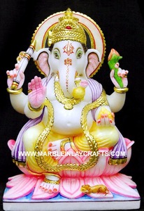 นั่งอยู่บนบัวพระพิฆเนศรูปปั้นหินอ่อน - Product Image 4