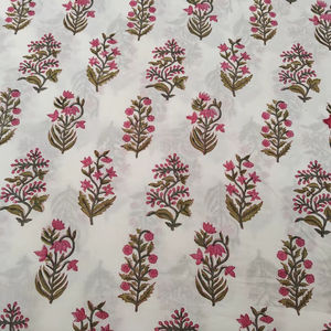 Tela de algodón puro verde oliva rosa, estampado de bloque de mano Floral indio hermoso para ropa de mujer y niña, cortinas, fundas para bolsos - Product Image 1