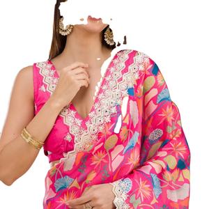 Sari digital con estampado floral con bordado y lentejuelas, ropa tradicional india exquisita - Product Image 1