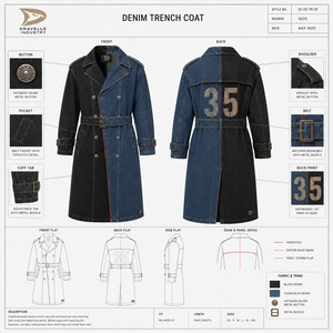 Abrigo Largo de Mezclilla Bicolor para Hombre, Estilo Gabardina Oversize Negro y Azul con Cinturón, Ropa Exterior Urbana - Product Image 6