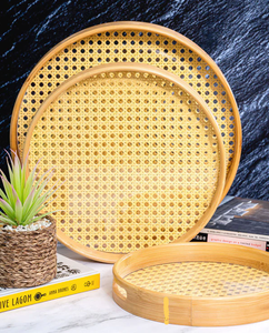 Plateau rond en bois et rotin de haute qualité, très demandé, personnalisable avec logo et design, prix abordable pour hôtels et usage domestique - Product Image 4