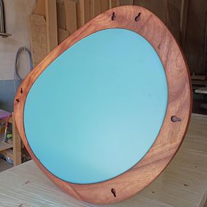 Modern Organic Pebble Shape Solid Wood Wall <b>Mirror</b> Horizontal Amoeba Curved Timber Frame Living Room Entryway Decor Artwork Unit - Product Image 5