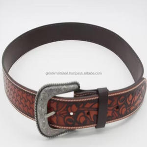 Ceinture en cuir pleine fleur pour homme, style western, avec motifs floraux classiques en relief, parfaite pour un usage décontracté. - Product Image 5