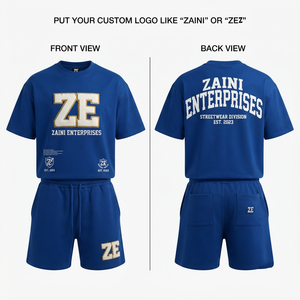 ชุดเสื้อยืดและกางเกงขาสั้นผู้ชาย ZAINI Premium ผ้าโพลีเอสเตอร์ 100% หนัก 280 GSM สีน้ำเงินรอยัล ระบายอากาศได้ดี เหมาะสำหรับฤดูร้อน พร้อมป้ายเชนีลแบบกำหนดเอง - Product Image 1