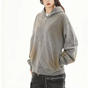 Sudadera con capucha para mujer OEM de alta calidad, oversize, vintage, con lavado ácido, con cremallera completa, con diseño de cara completa y pedrería personalizada - Product Image 4