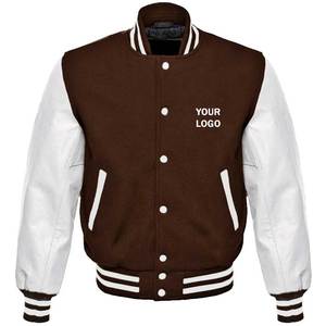 Custom Men's Brown White Varsity <b>Jacket</b> Front Logo Heat Transfer Printing Casual PU Material Regular Fit Autumn Wear - Product Image 1