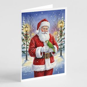 Confezione di 8 Biglietti d'Auguri Fantasiosi Formato A7 5x7 con Pappagallo Quaker Verde e Babbo Natale, Biglietti Bianchi con Buste - Product Image 1