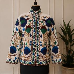 Veste en velours de coton Suzani crème d'inspiration vintage pour femme, broderie florale multicolore, manteau de caractère, fournisseur en gros - Product Image 2