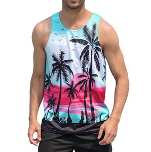 Camiseta sin mangas para hombre con estampado de palmeras tropicales, cuello redondo, estilo casual de secado rápido y tejido de punto. - Product Image 1