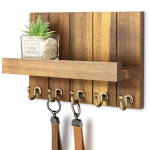 Handcrafted Acacia Wood Bohemian <b>Key</b> Holder with Brass Hooks - Wholesale - Product Image 3