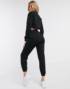 Women's Black Cropped Tracksuit Set Full Sleeve Crew Neck Solid Color Casual Ankle-Length <b>Pants</b> With Side Pockets Elastic Waist - Product Image 1