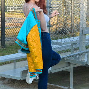 Veste courte universitaire pour femme, style Letterman, jaune turquoise, avec manches en similicuir, vêtement d'extérieur décontracté, mode féminine - Product Image 3