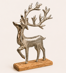 Luxury Antique Silver Reindeer Sculpture with Wooden Base Handcrafted Aluminum <b>Christmas</b> Deer Figurine For Festive Home Tabletop - Product Image 1